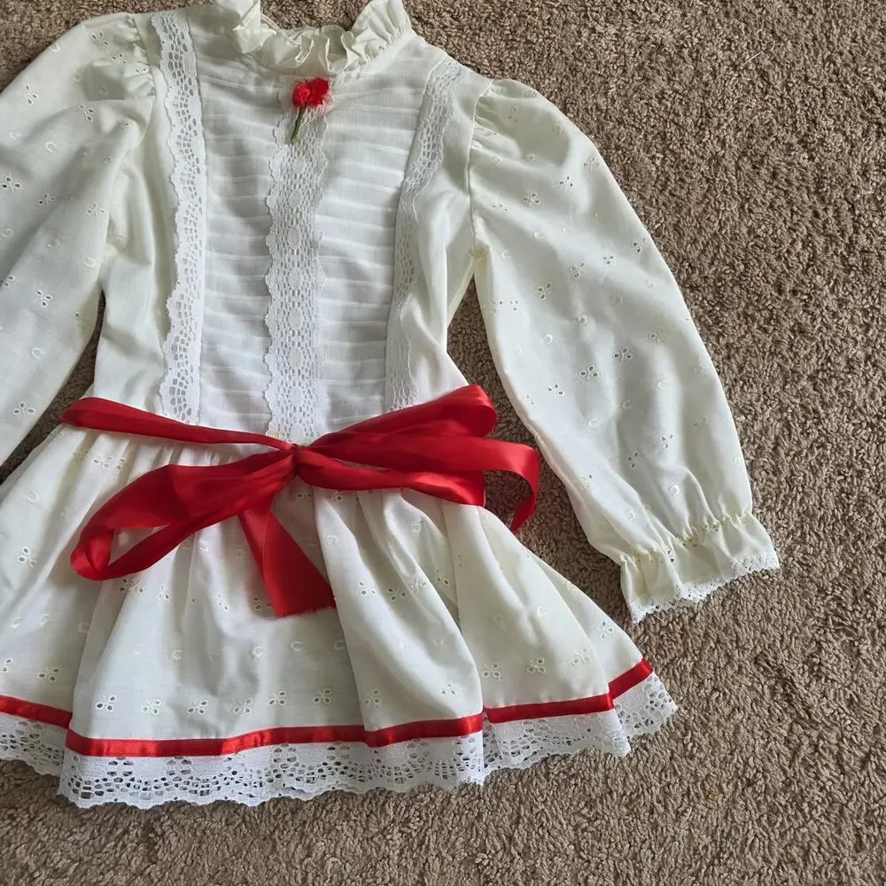 Vintage White Floral Peasant Dress Girls 4 Long Sleeve Red Roses 90s Communion